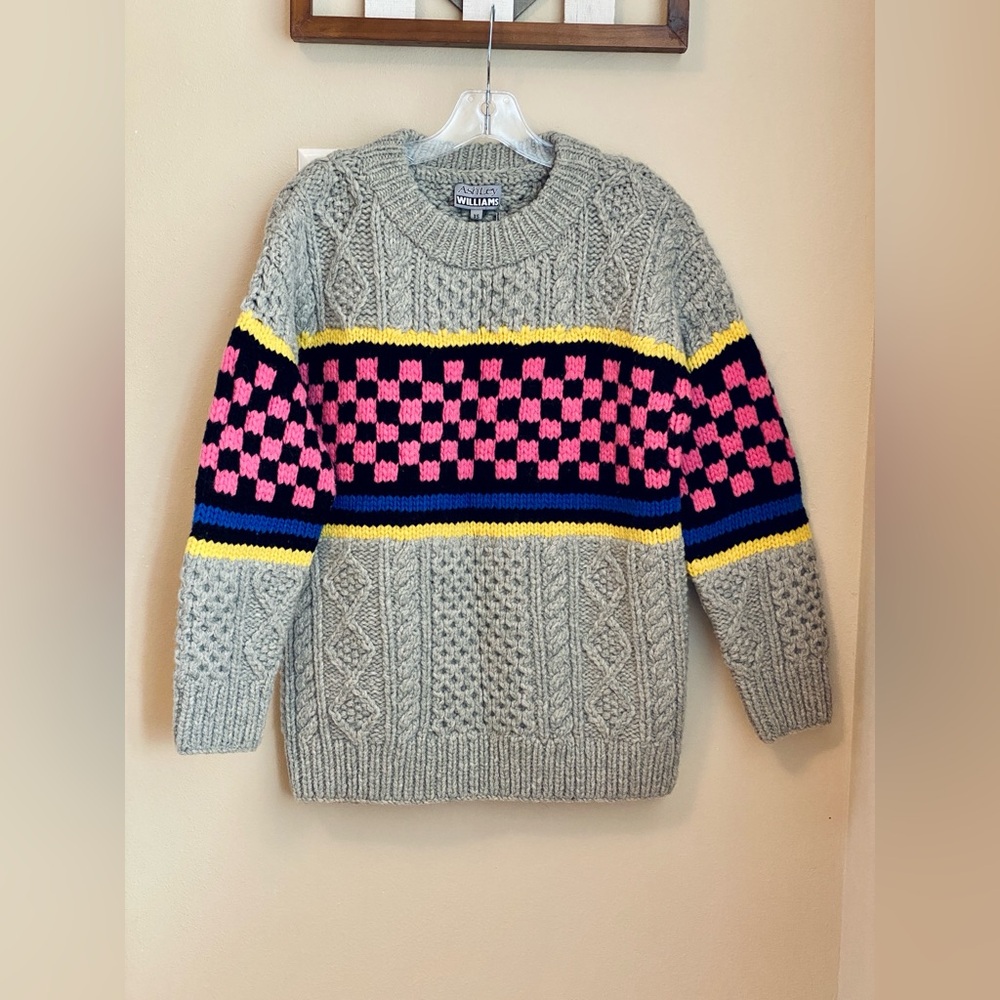 NWT XS ASHLEY WILLIAMS CHECKERBOARD Chunky Knit Sweater Jumper Gray Black Cable - Picture 5 of 16